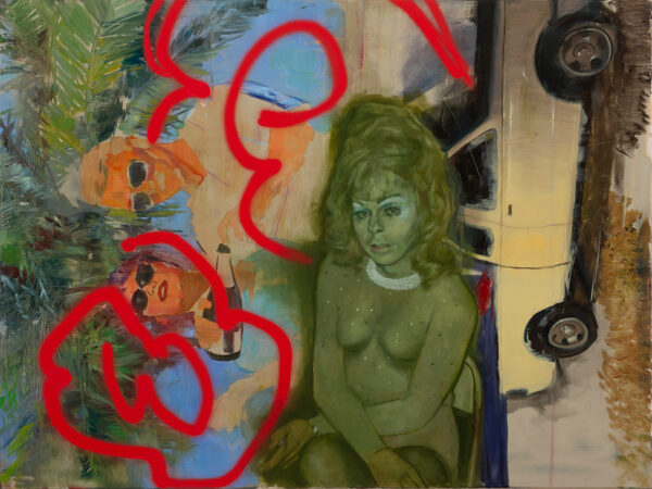 A painting by Jay Wilkinson featuring a figure painted in shades of green set in front of an image which has been rotated 90 degrees to the left of a couple standing in front of a car.