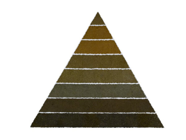 A triangular painting featuring eight horizontal lines. The painting is earth-toned and textured, as it is made of human cremated remains.