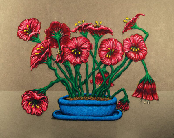 A painting of a vase of bright red flowers, some of which are drooping. 