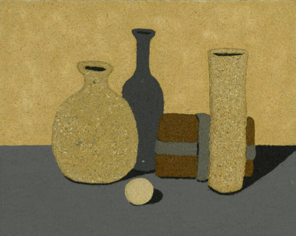 A still life painting of bottles and other objects on a table. The painting is earth-toned and textured, as it is made of human cremated remains.