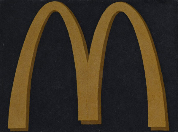 A painting of a McDonald's logo. The painting is earth-toned and textured, as it is made of human cremated remains.