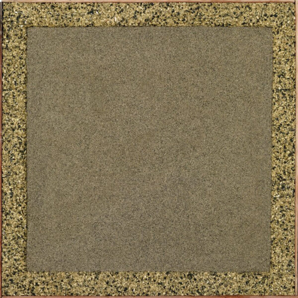 A painting featuring a textured border around a square center. The painting is earth-toned and textured, as it is made of human cremated remains.