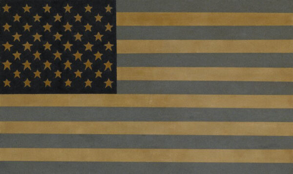 A painting of the American flag. The painting is earth-toned and textured, as it is made of human cremated remains.