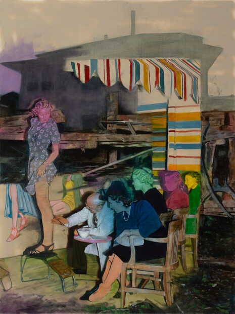 A painting by Jay Wilkinson of a man measuring a woman's calf and a group of women looking on.