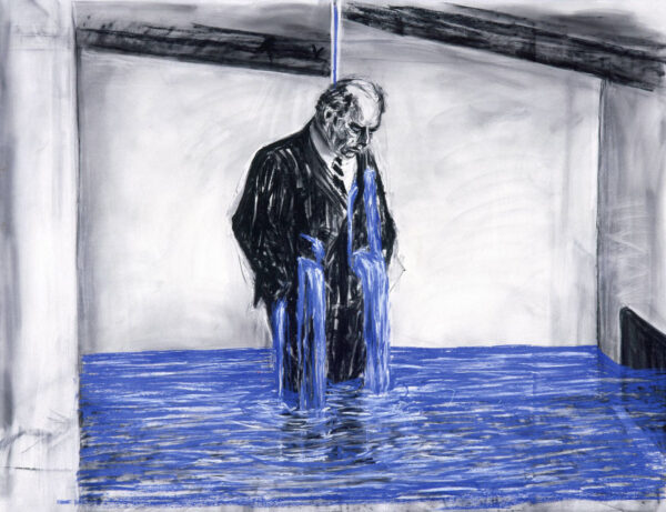 Video still of a man in a suit standing in pooling water