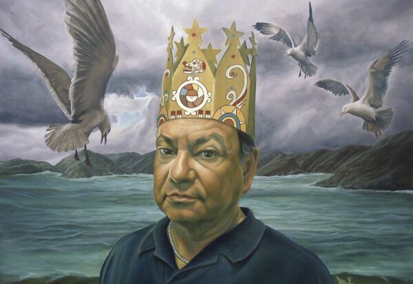 Portrait of Cheech Marin wearing a crown with seagulls flying around