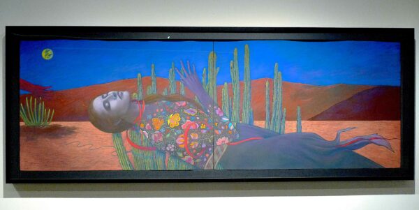 Painting of a woman lying on the ground in the desert