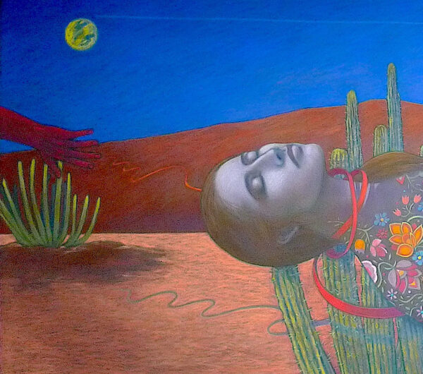 Detail of a painting of a woman lying in the desert