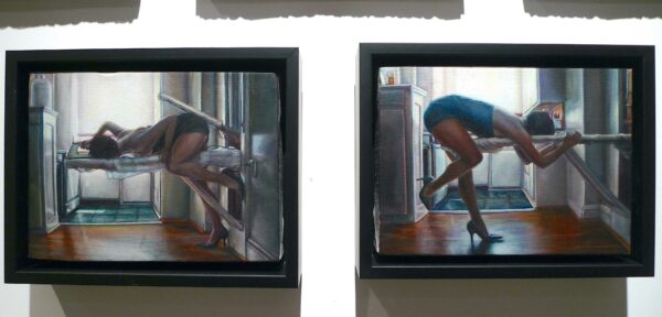 Diptych of two women lying on an ironing board