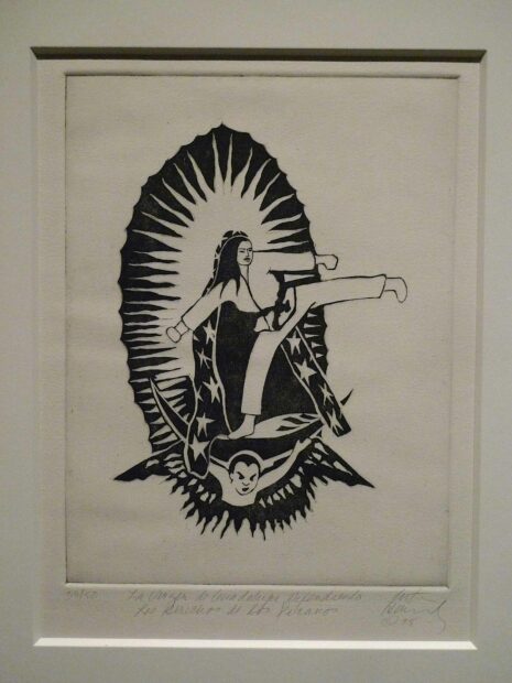 Print of a woman dressed as a kung fu virgen of guadalupe