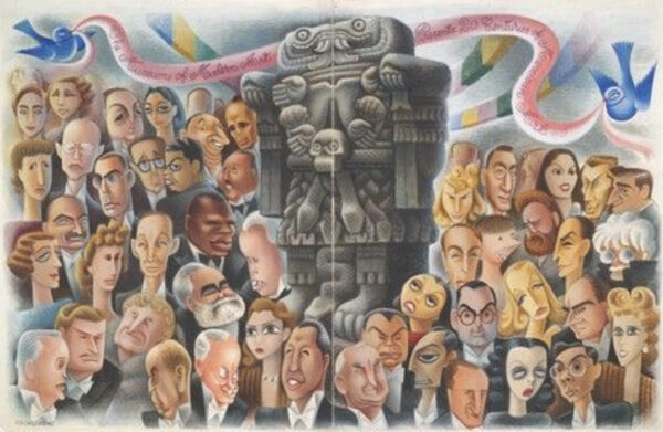 Painting of a sculpture of Cuatlicue surrounded by people