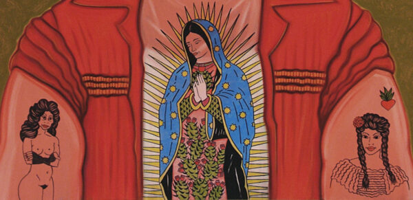 Detai of a painting of a mans tattoo of the virgen of Guadalupe