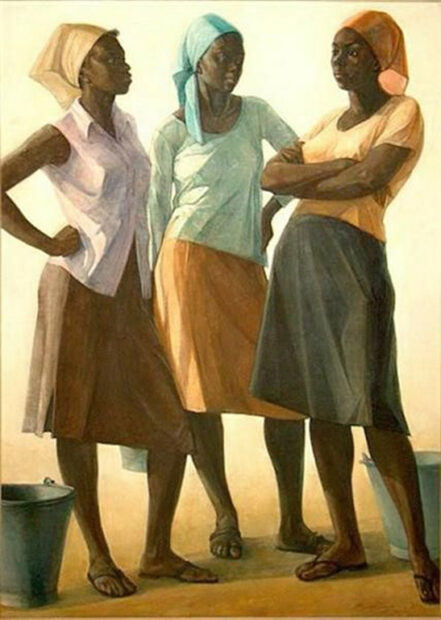 A painting of three women standing near each other and talking.