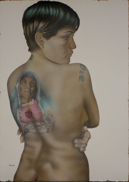 Painting of a woman showing her back with a tattoo