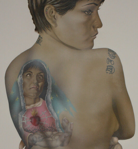 detail of a painting of a woman showing a back tattoo