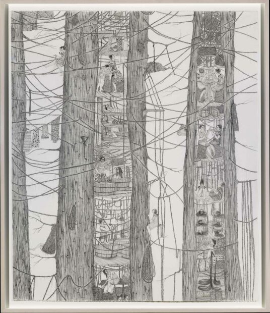 Drawing of trees with miniature scenes imbedded in the trunks