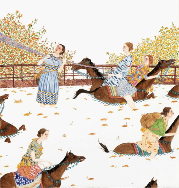 Drawing of women on horses in white water