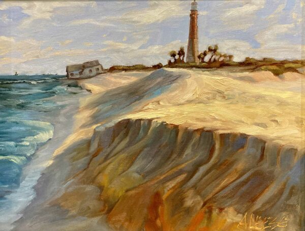 Landscape painting of the shore of a beach with light tower
