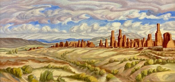 Landscape painting of rock formations and swirling clouds