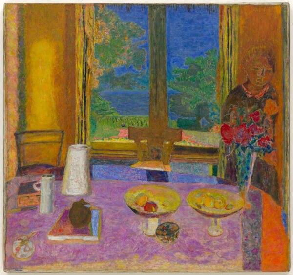 A painting by Pierre Bonnard of a figure standing in a dining room.