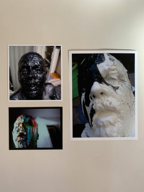 Three photos show a man's face covered in black, white, and colored paint.