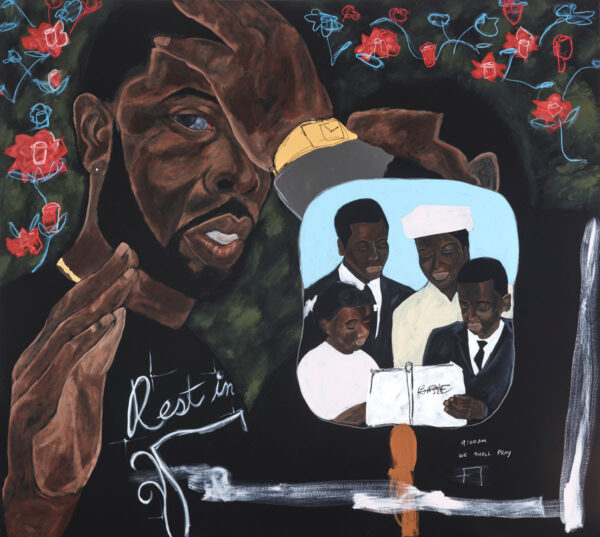 An image of a painting by Jammie Holmes featuring figures wearing "Rest in Peace" shirts and with a church fan with an image of a family.