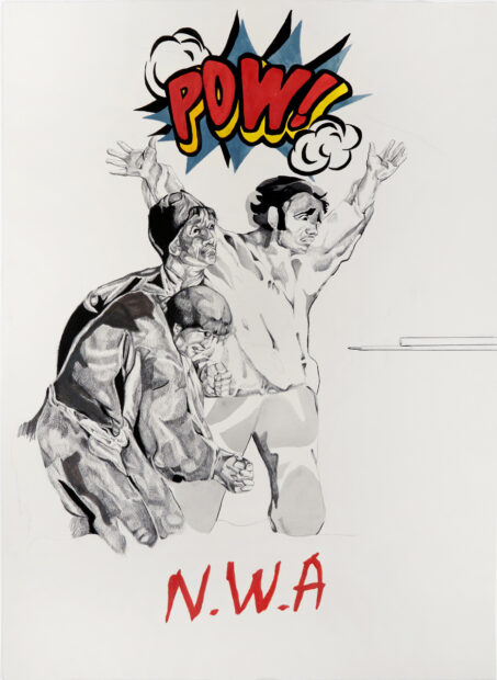 A watercolor on paper featuring three figures that appear to be surrendering with text above their heads that reads "POW" and text below them that reads "N.W.A."