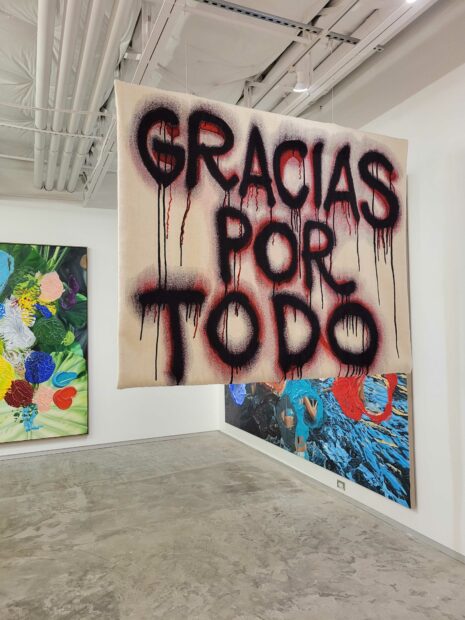 Installation view of a hanging tapestry in an exhibition that reads "Gracias por todo"