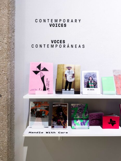 Installation view of zines and magazine on a shelf