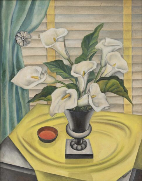 Painting of white Calla Lilies on a table