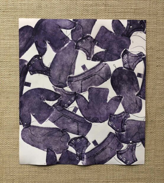 Work on paper with purple shapes like clothing