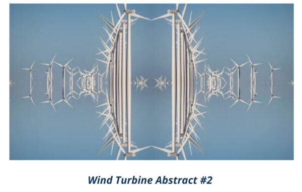 A photograph of a manipulated image of a wind turbine. The work by Mark Chen repeats the wind turbine object like a kaleidoscope.