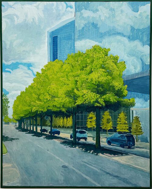 A painting by Masamitsu Shigeta featuring a street scene with cars driving down the road and a reflective building in the background.