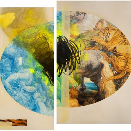 Diptych of tigers attacking a person on a horse