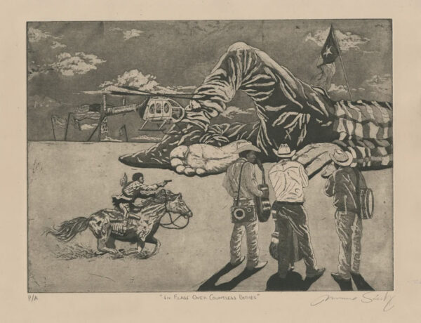 Print piece of a large body on the ground with the flag of texas in the torse