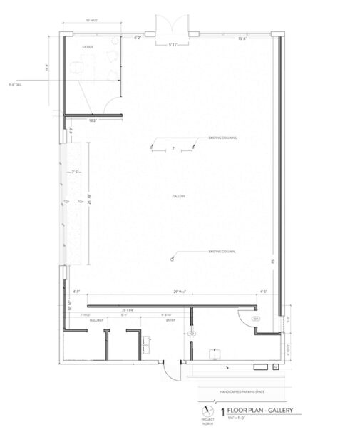 A drawing of the floor plan of the gallery space at Women & Their Work.