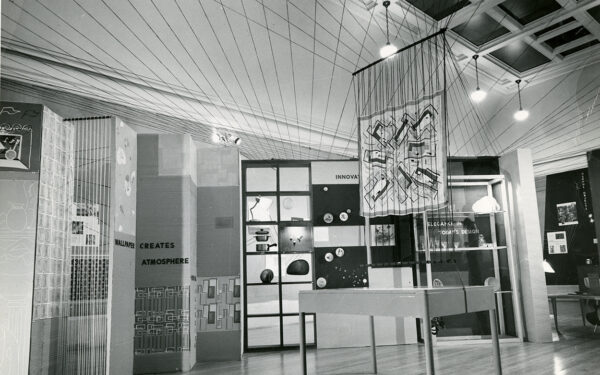 A black and white photograph of a 1948 installation of contemporary art.