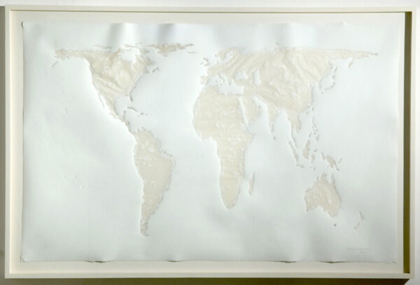 A work of art by Mona Hatoum of a world map on white paper.