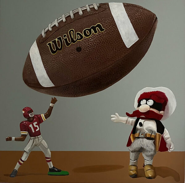 A painting by Patrick Hobauch of two toy figures and a football in the air between them.