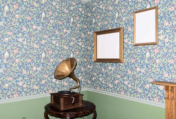 Photo of a phonogram in a wallpapered room