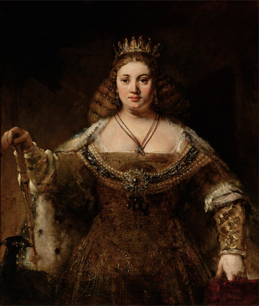 A painting by Rembrandt van Rijn of a woman dressed as royalty and holding a septer.