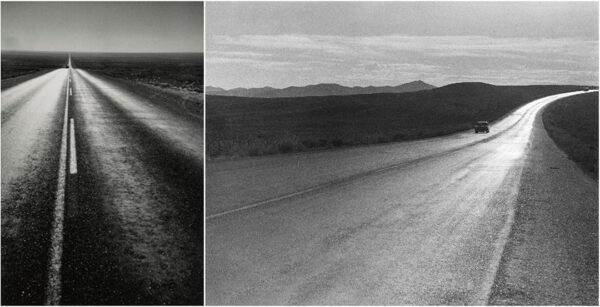Side-by-side black and white photographs of long stretches of empty roads by artists Robert Frank and Todd Webb.