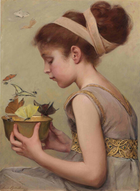 A painting by Sarah Paxton Ball Dodson of a young girl holding a bowl and feeding butterflies.