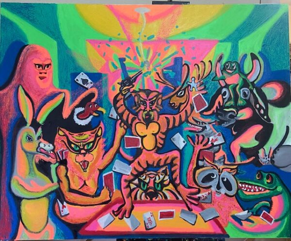 A bright neon painting featuring anthropomorphic animals playing a game of cards. 