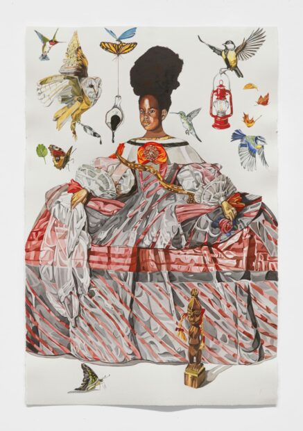 A large-scale painting of a woman wearing a big dress. She is surrounded by birds and butterflies.
