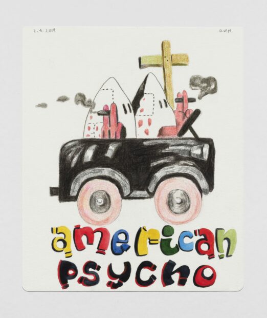 A drawing of a painting by Philip Guston, featuring hooded figures in a car. The words AMERICAN PSYCHO are written underneath.