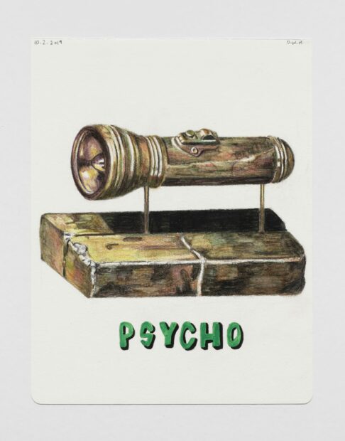 A painting of a sculpture of a flashlight by artist Jasper Johns. The word PSYCHO is written underneath.