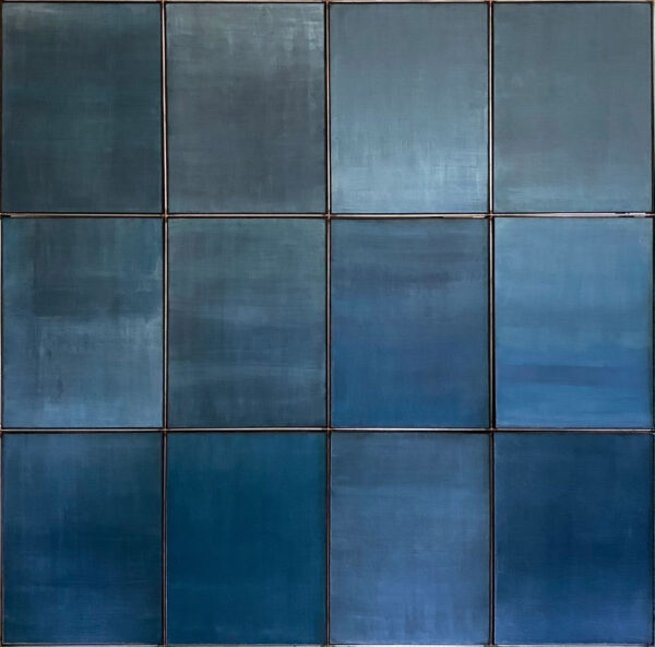 An artwork featuring panels painted in various shades and tints of blue.