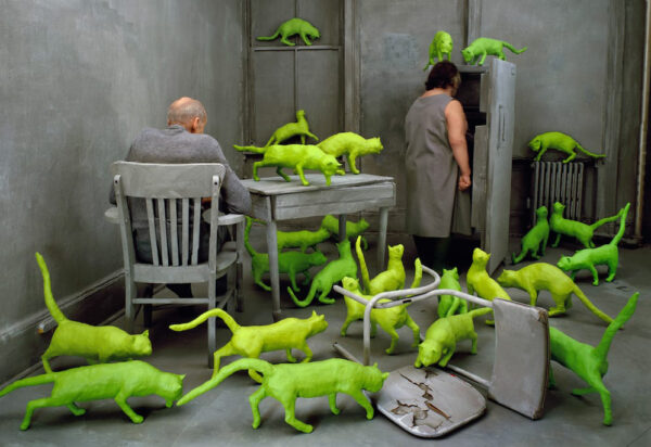 Image of flourescent green cats climbing over furniture in a gray living room