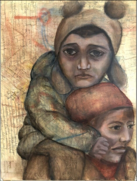 An artwork by Gabriela Magaña featuring a child sitting on the shoulders of an adult.